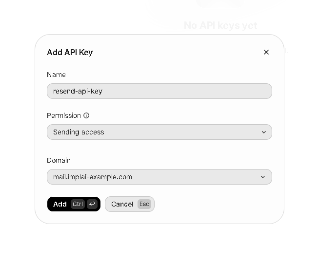 Resend API key creation form with sending access and the domain selected