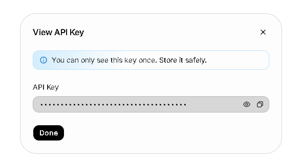 Resend popup displaying the newly created API key