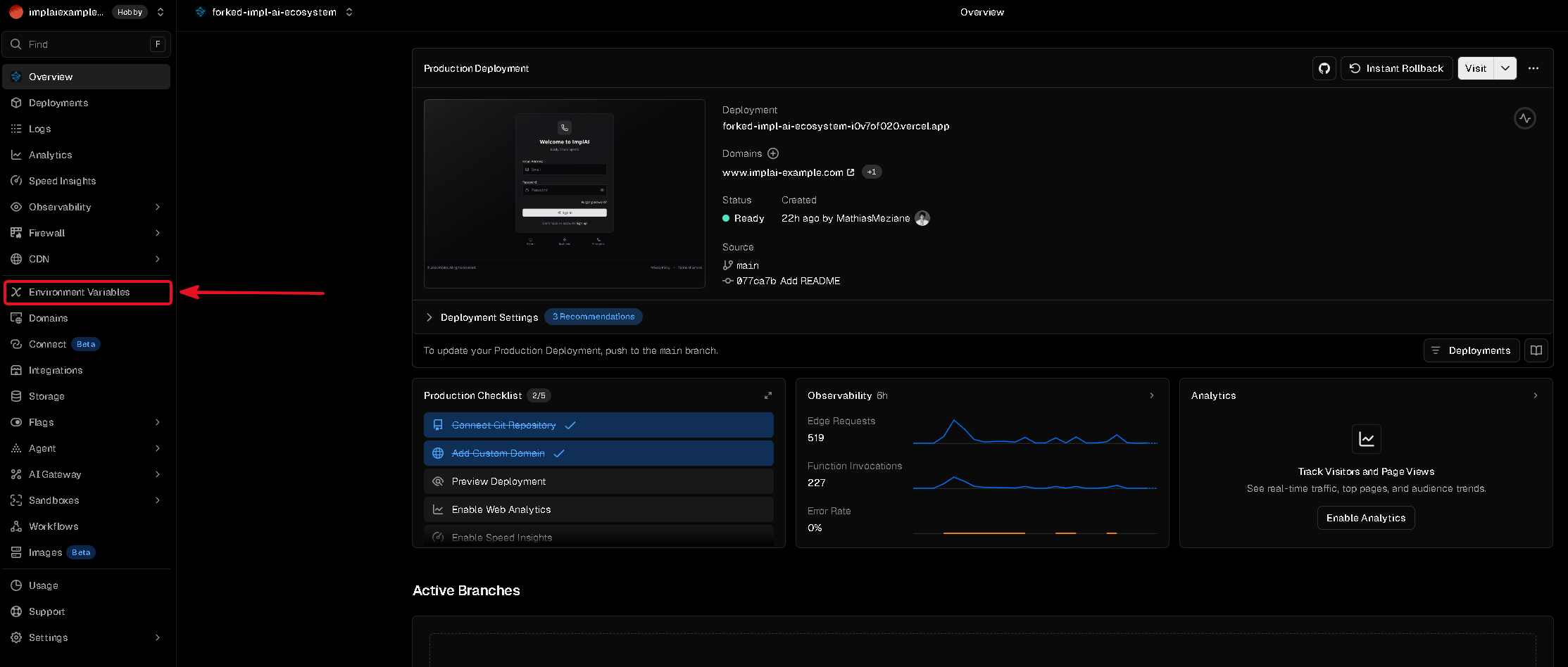 Vercel project sidebar with Environment Variables