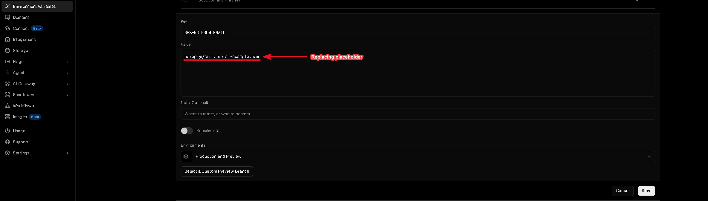 The RESEND_FROM_EMAIL value set to a plain sending address