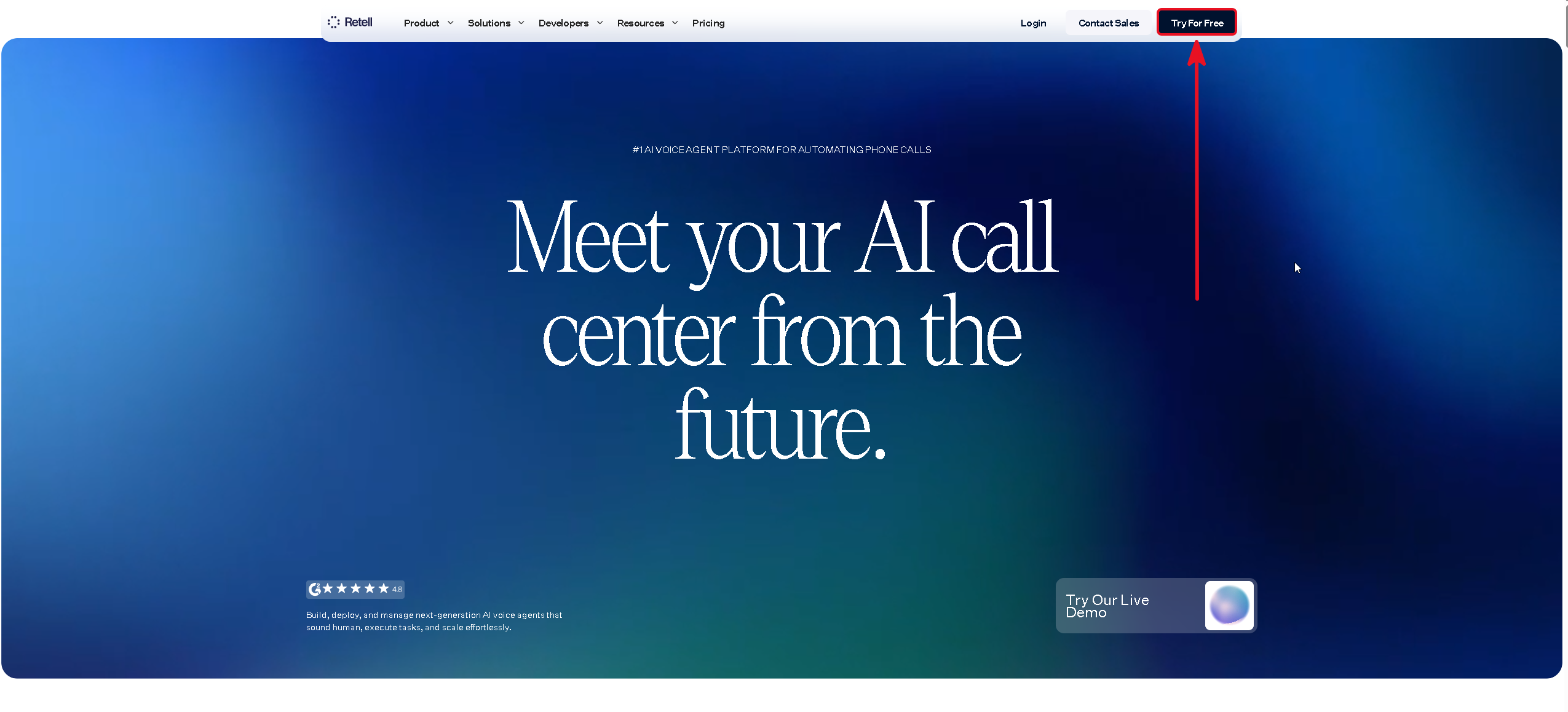 Retell AI home page with the Try For Free button