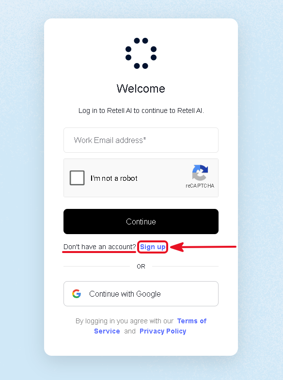 Retell AI sign in page with the Sign up link