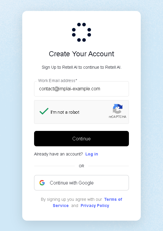 Retell AI signup form with the email field