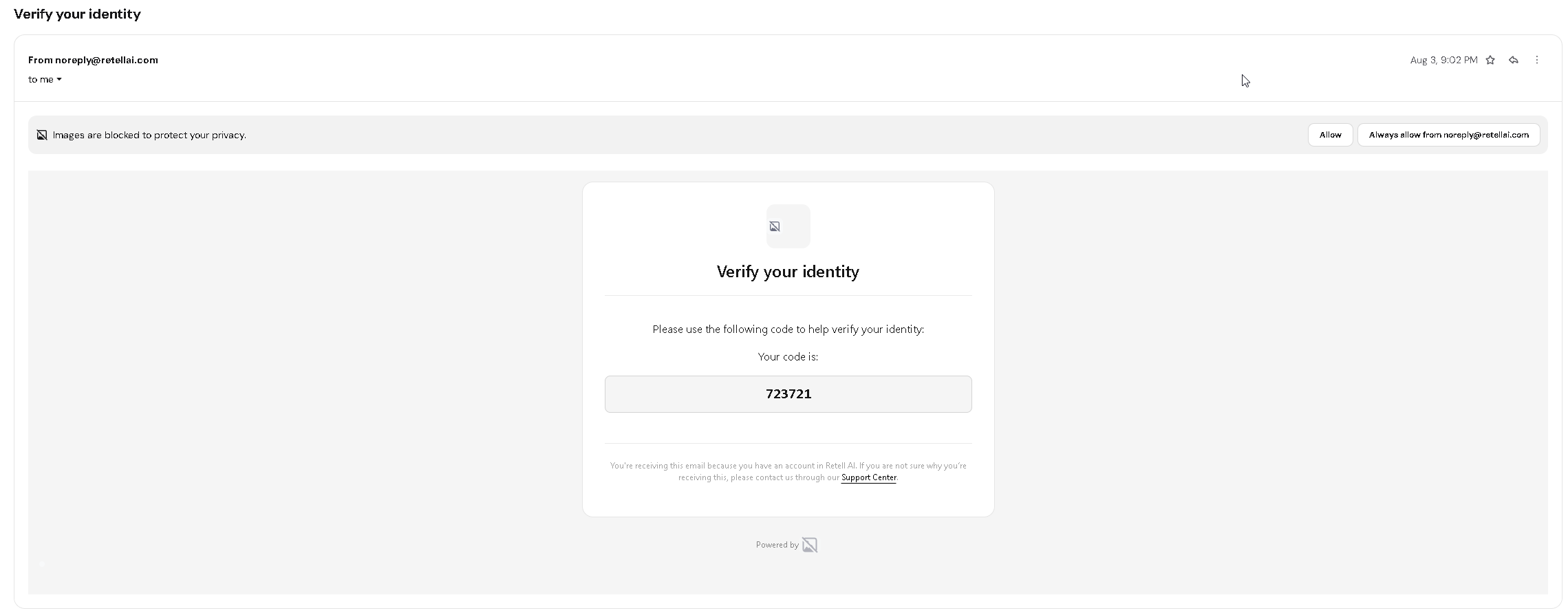 Retell AI verification email containing the code