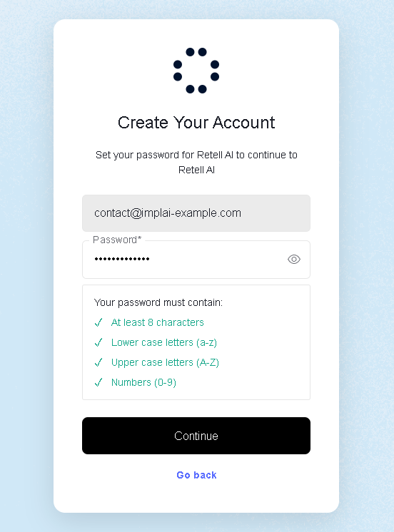 Retell AI password creation form with its requirements checklist