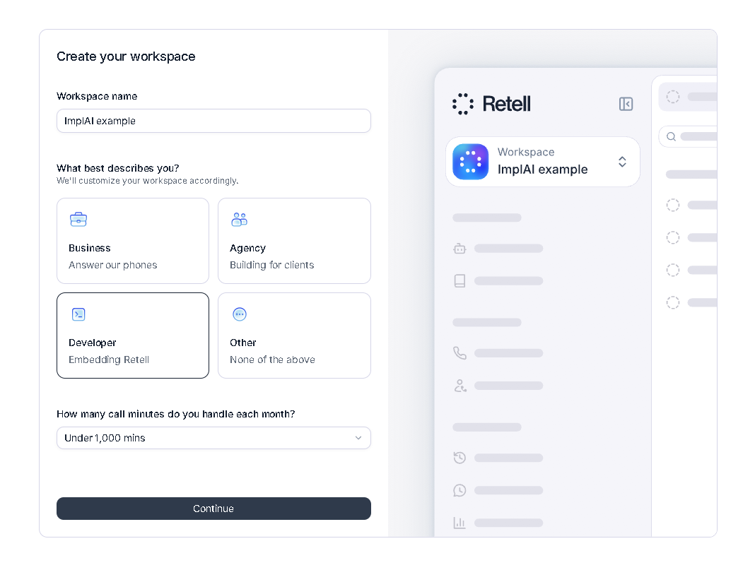 Retell AI workspace creation form with Developer selected