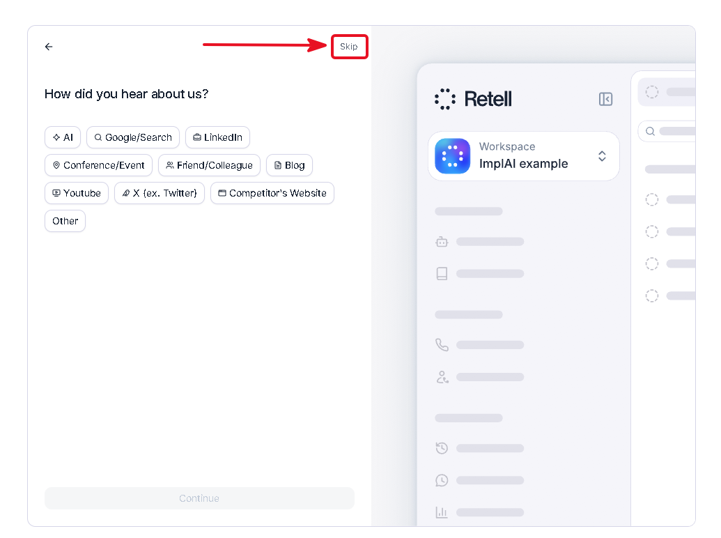 Retell AI survey page with the Skip option in the top right