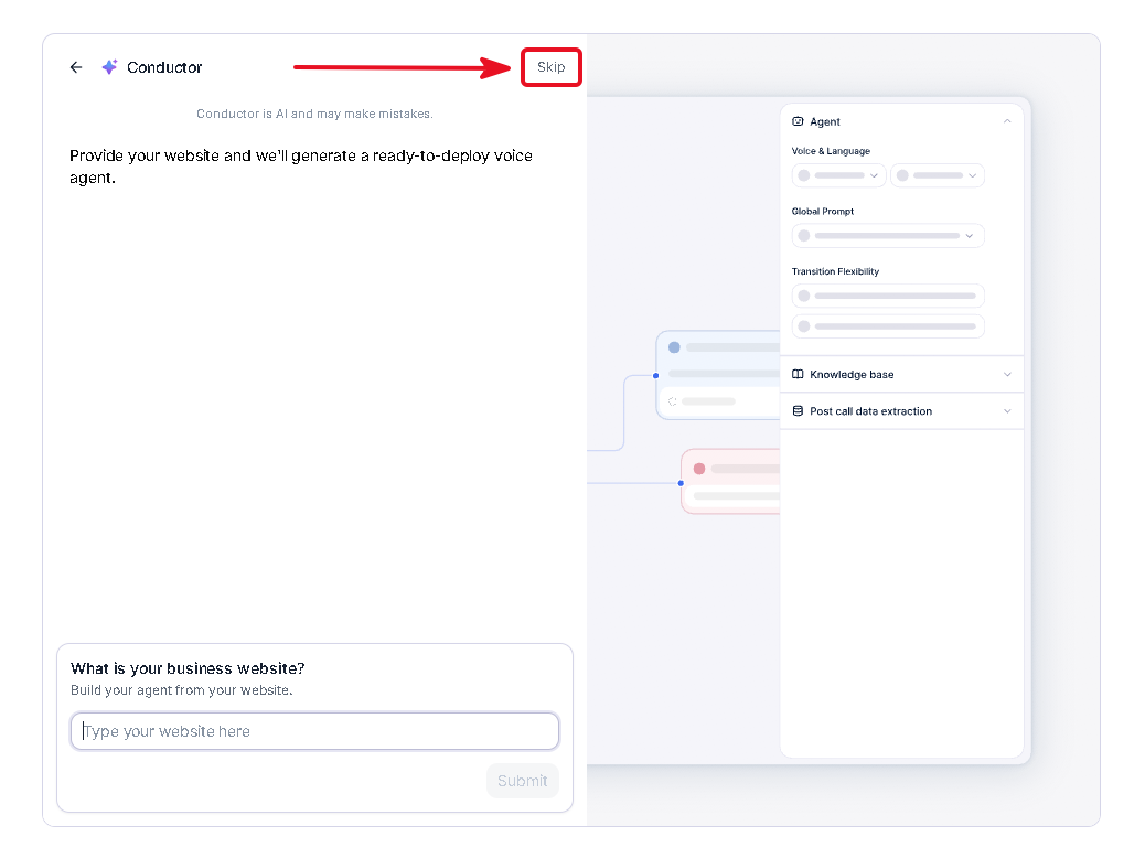 Retell AI Conductor page with the Skip option in the top right