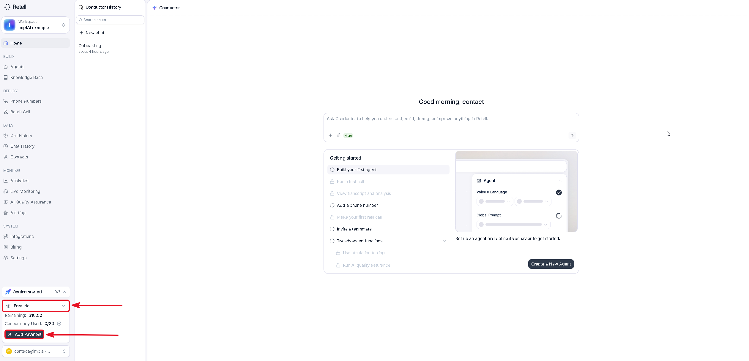 Retell AI sidebar with the Free trial box expanded showing the Add Payment button