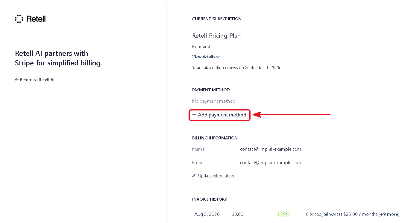 Retell billing page with the Add payment method button