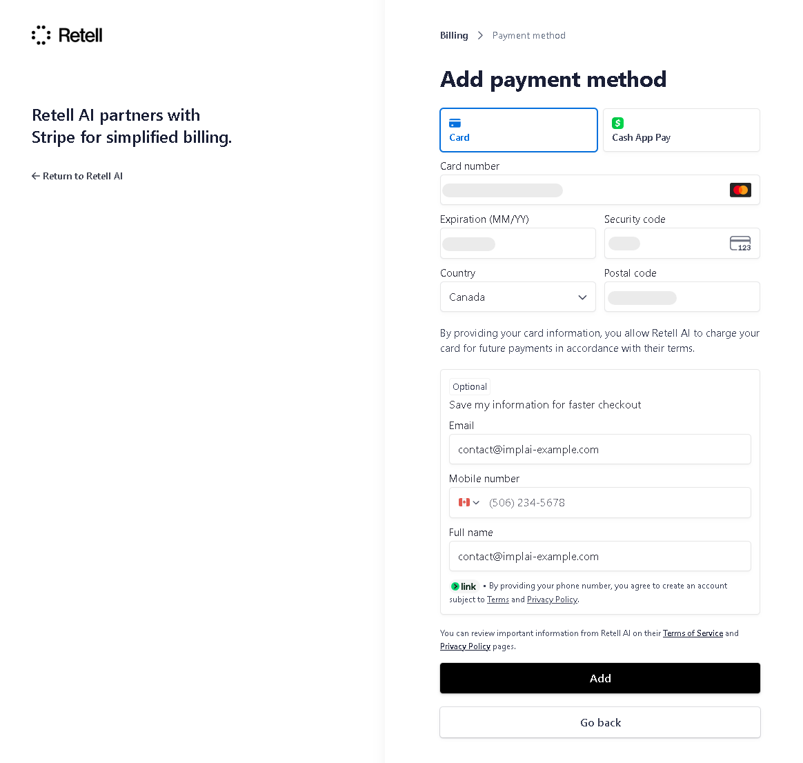 Card details form on Retell's billing page