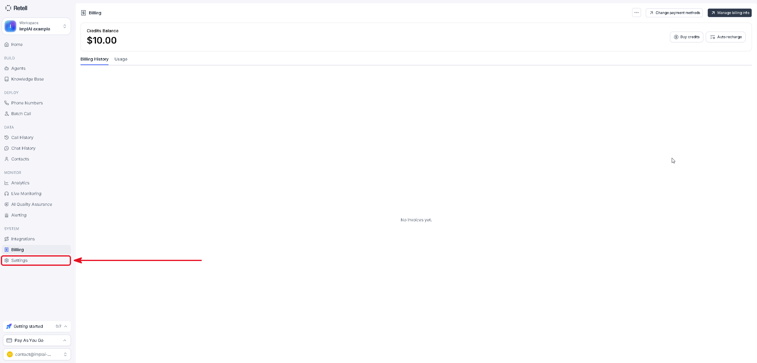 Retell AI sidebar with the Settings option at the bottom