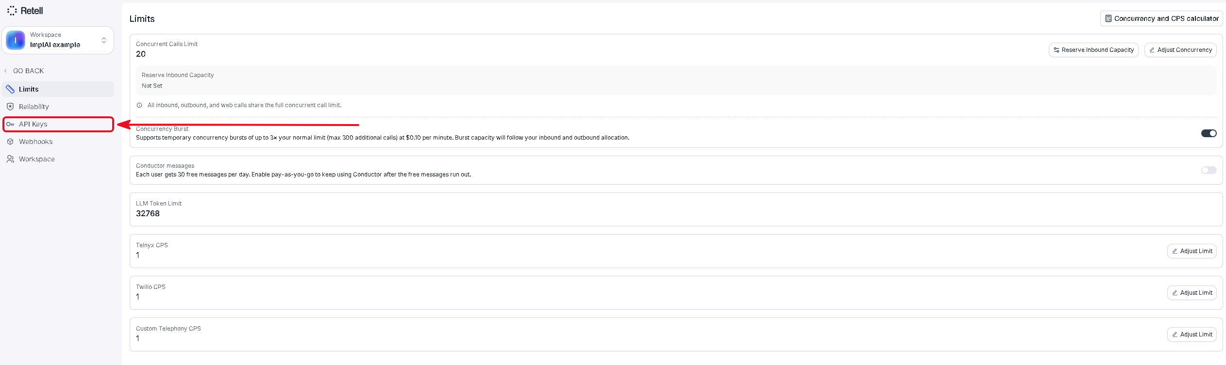 Retell AI settings sidebar with the API Keys section