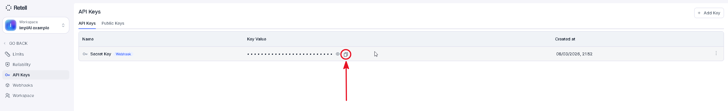 Retell AI API keys page with the Secret Key row and its copy icon