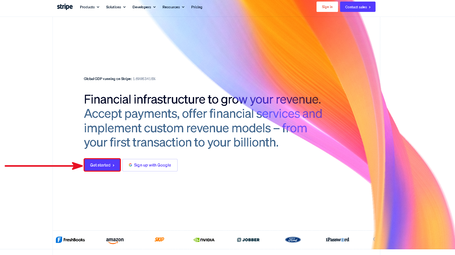 Stripe home page with the Get Started button