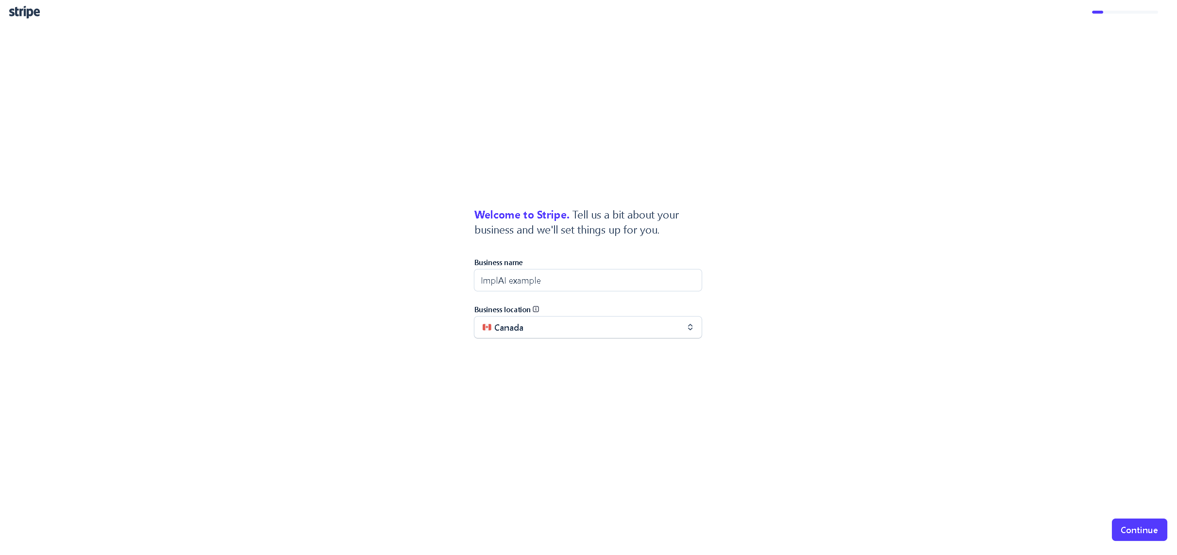 Stripe welcome page asking for a business name and location