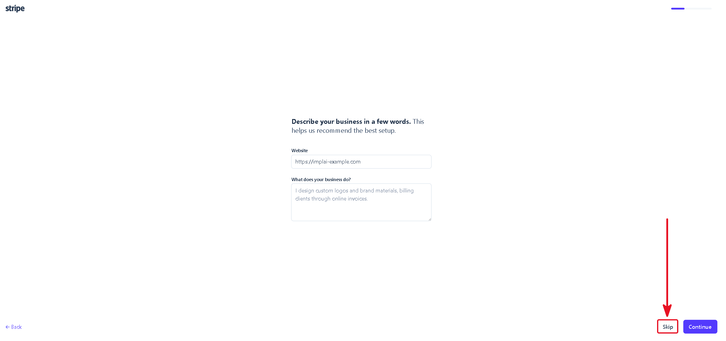 Stripe onboarding questions with the Skip option