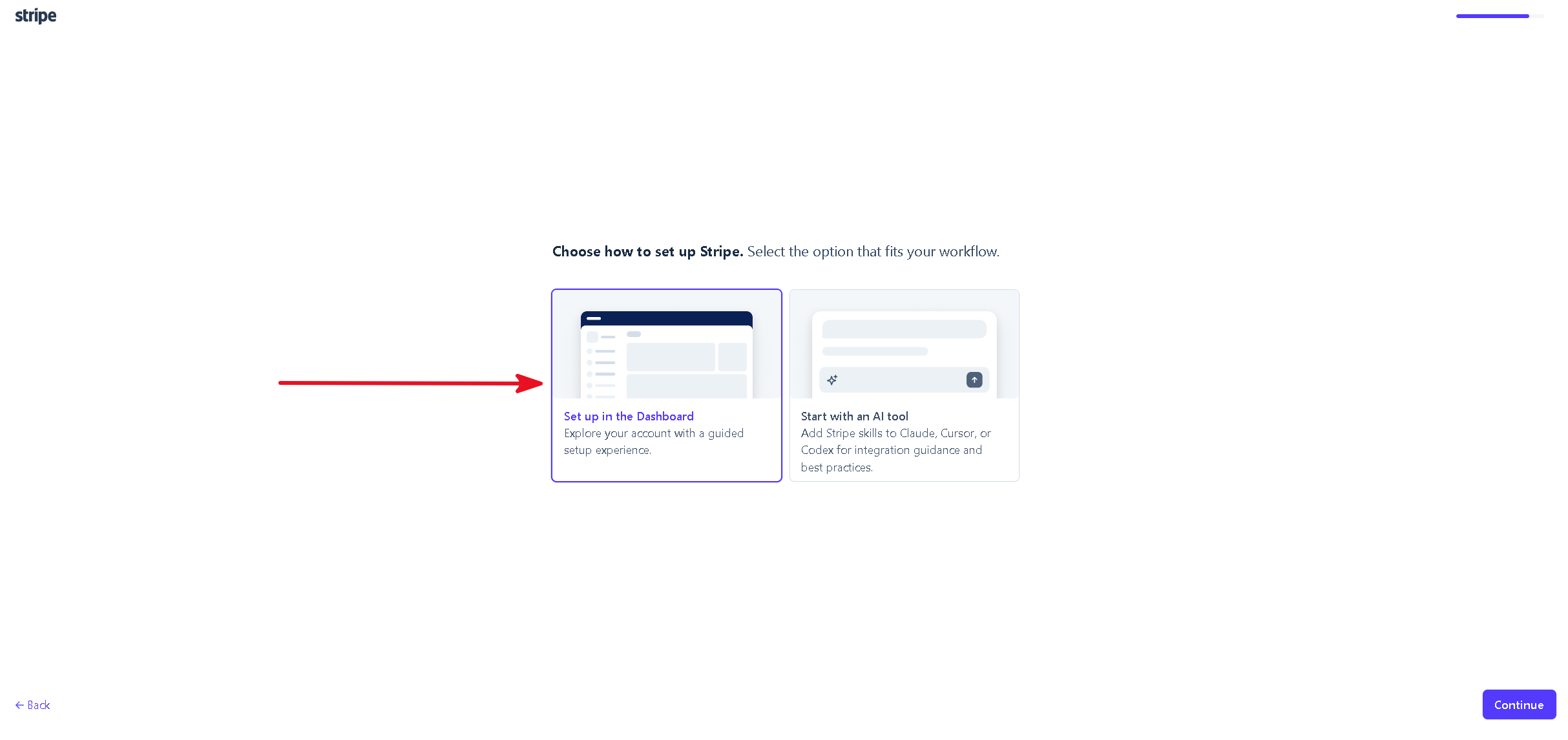 Stripe setup choice between the Dashboard and an AI tool