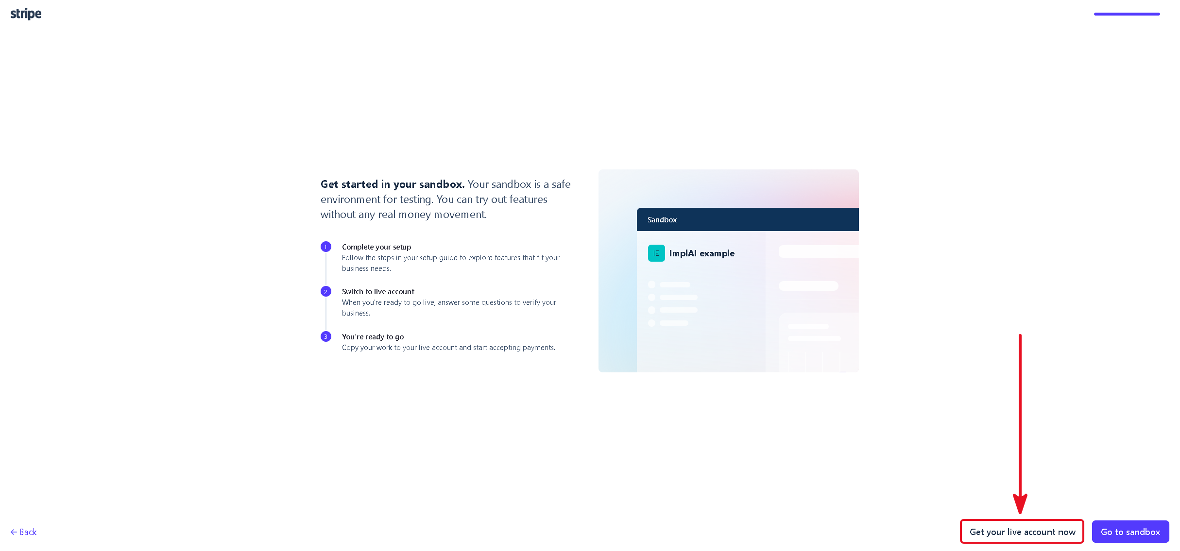 Stripe sandbox page with the option to get a live account