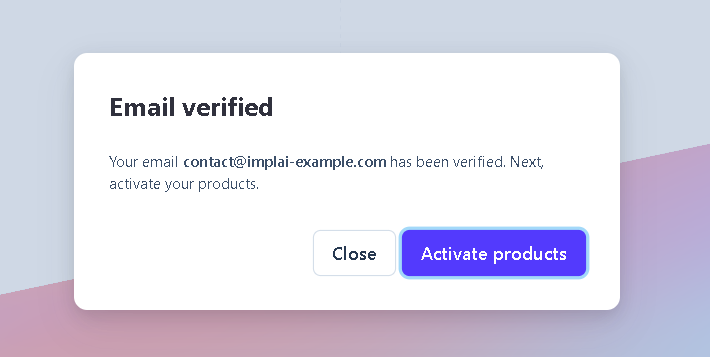 Stripe Email verified dialog with the Activate products button