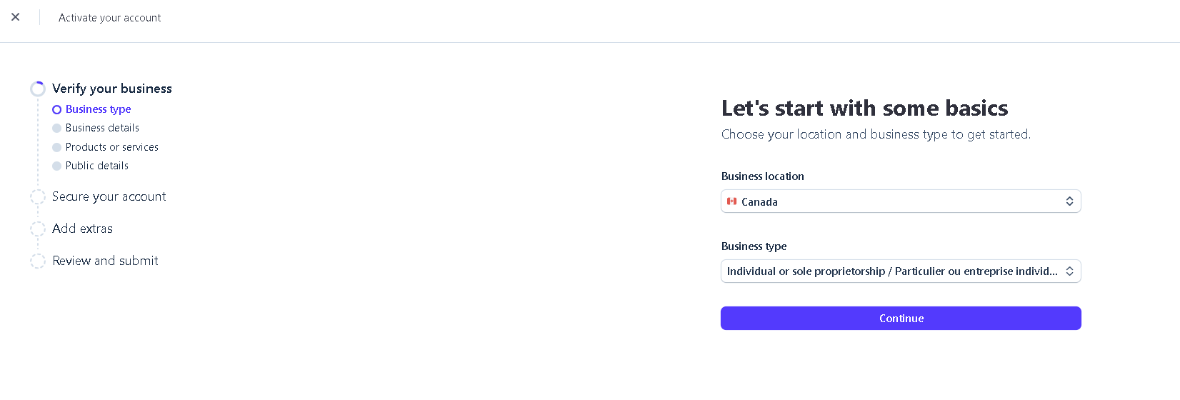 Stripe business location and business type selection