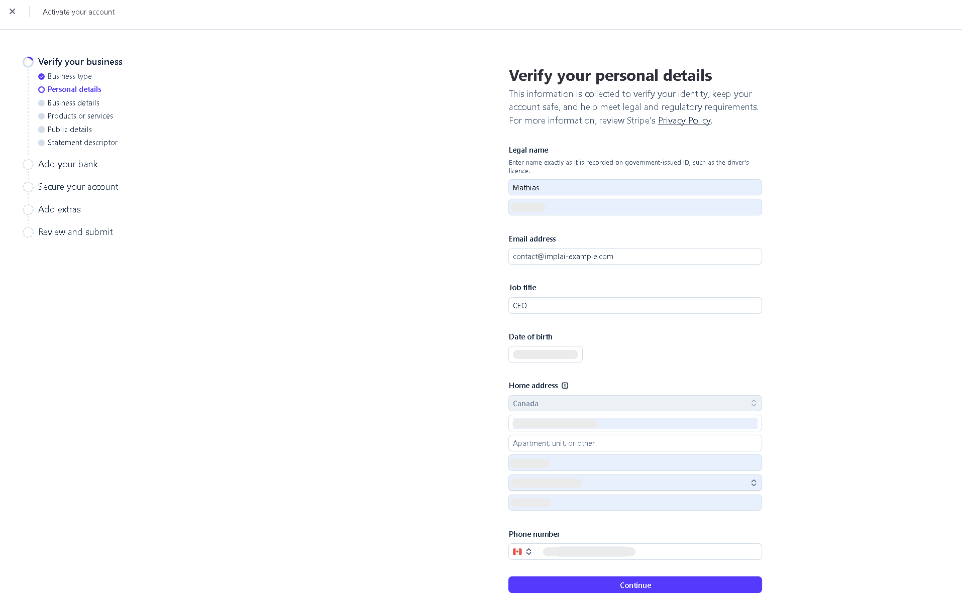 Stripe personal details verification form
