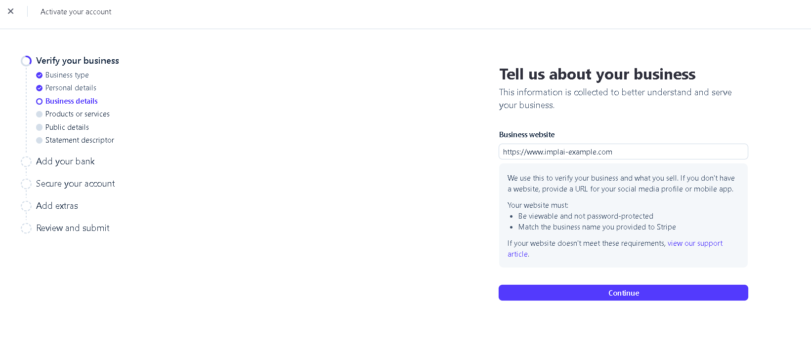 Stripe business website field