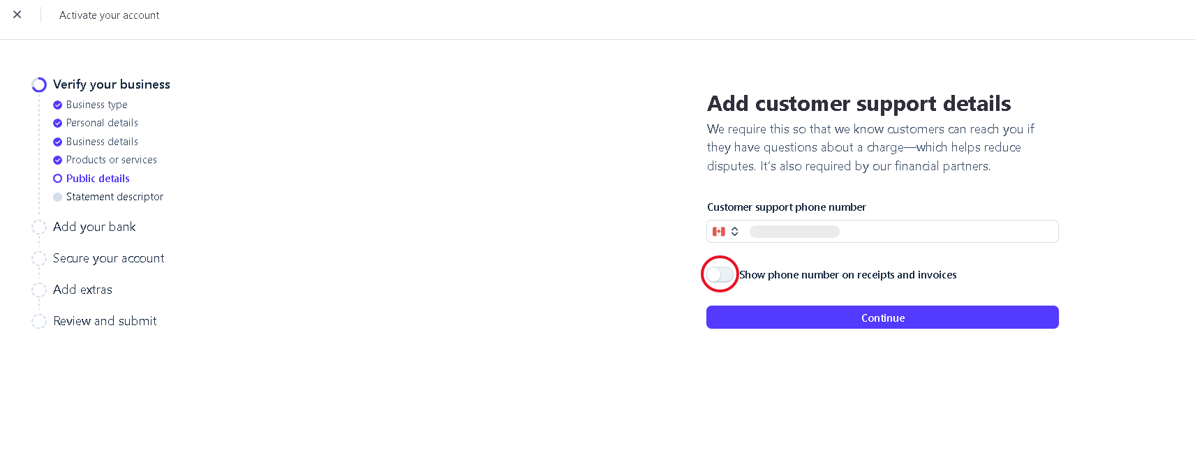 Stripe customer support phone number field with the receipts checkbox