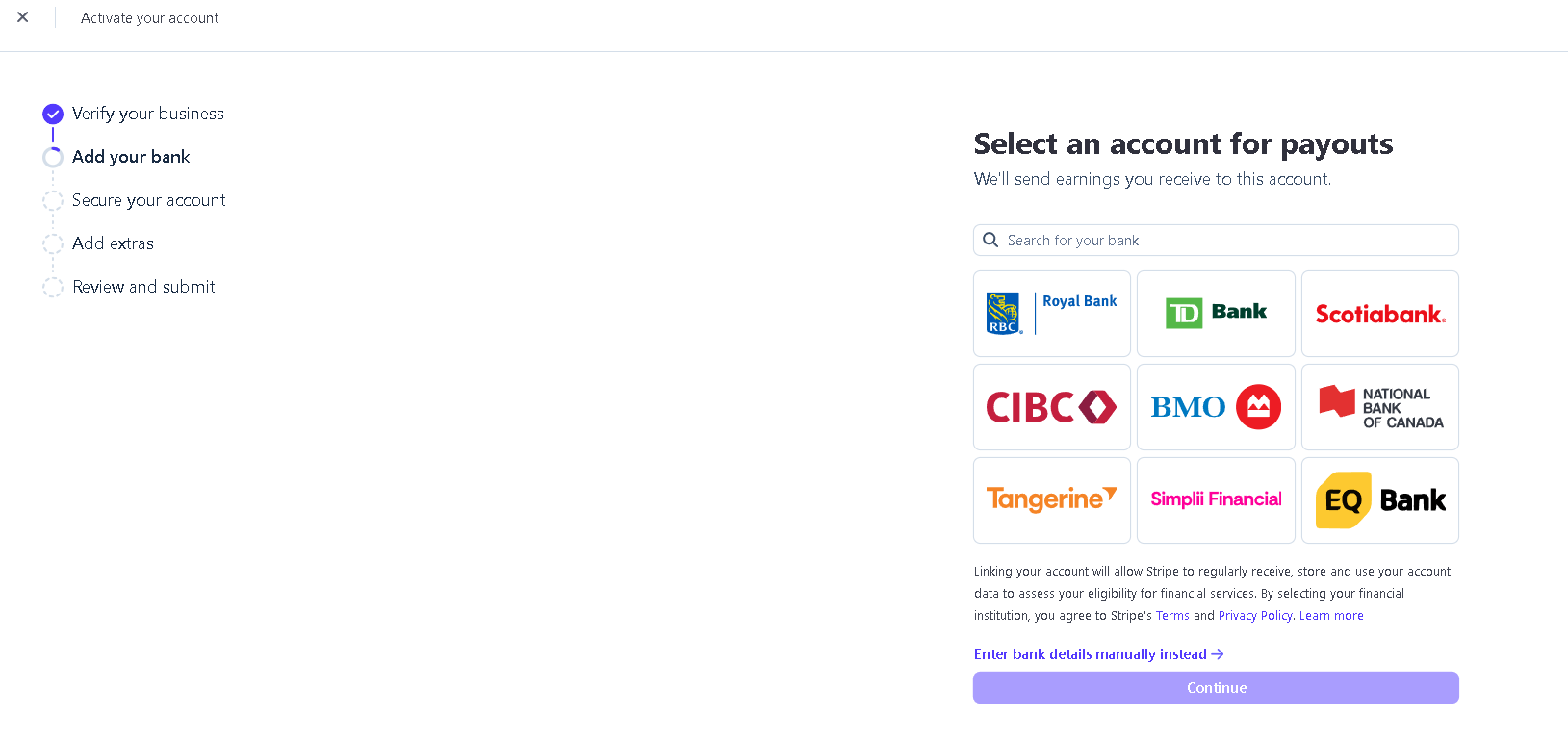 Stripe bank selection page showing bank logos and a manual entry link