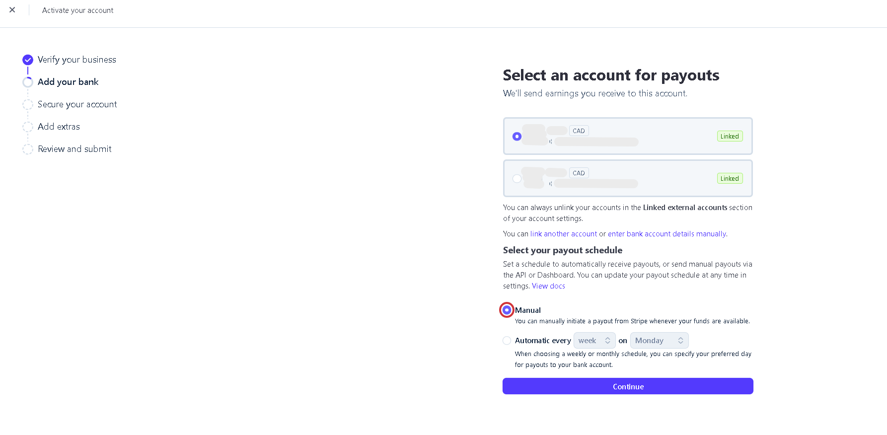 Stripe payout schedule selection with Manual chosen