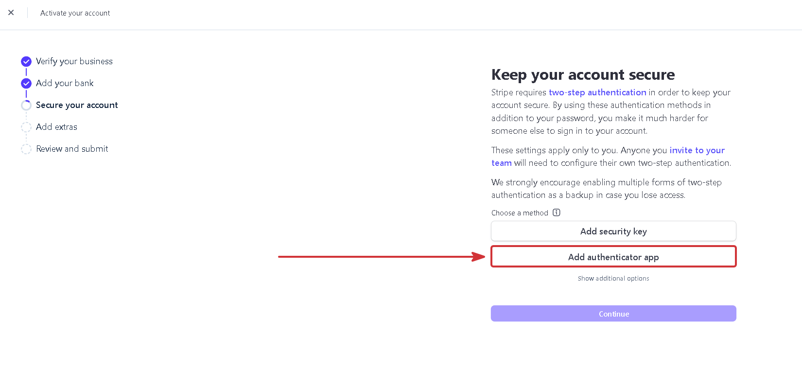 Stripe two-step authentication method options