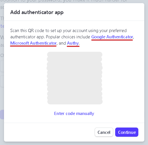 Stripe Add authenticator app dialog showing a QR code and a Continue button