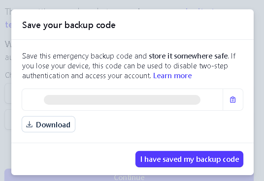 Stripe backup code dialog with a download button