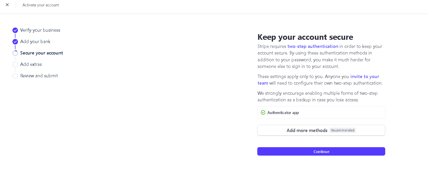 Stripe security section showing two-step authentication is complete