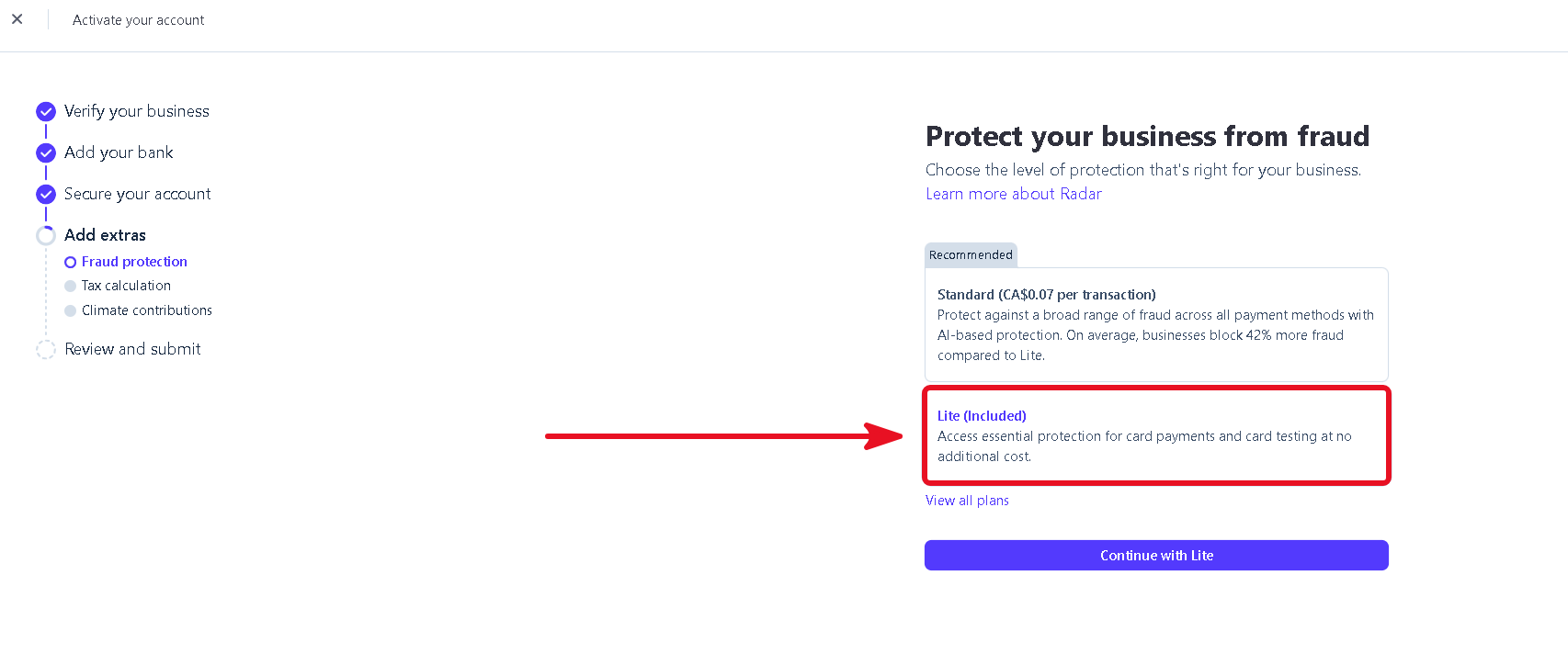 Stripe fraud protection options with Lite selected