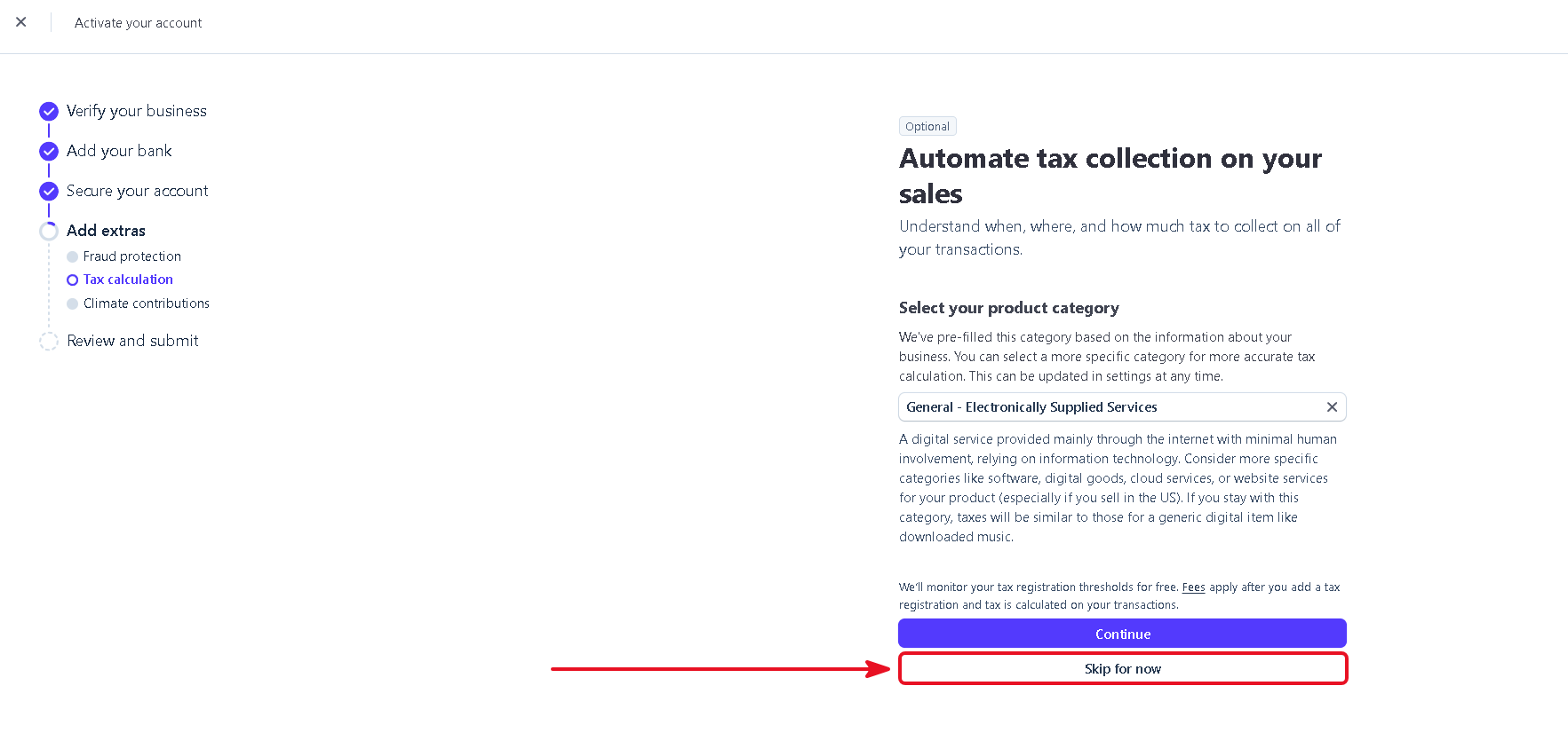 Stripe automatic tax calculation page with the Skip for now option