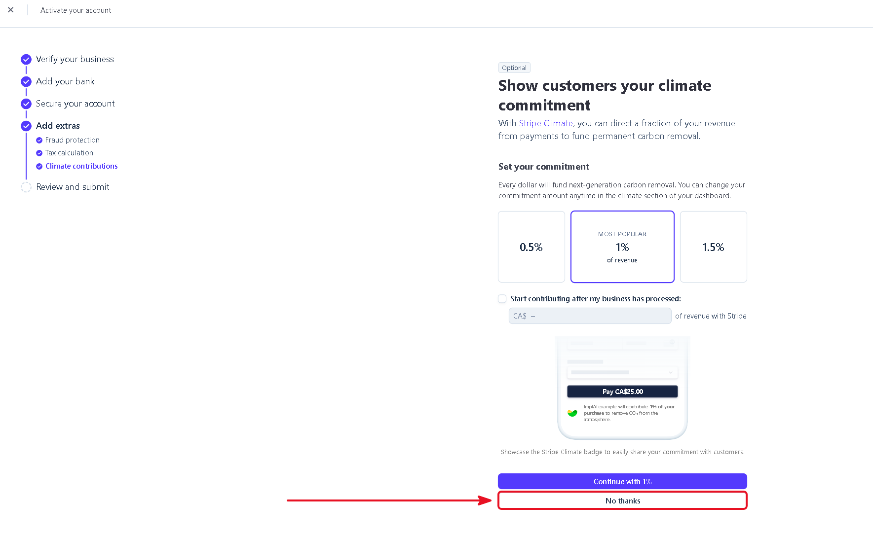 Stripe Climate contribution page with the No thanks option