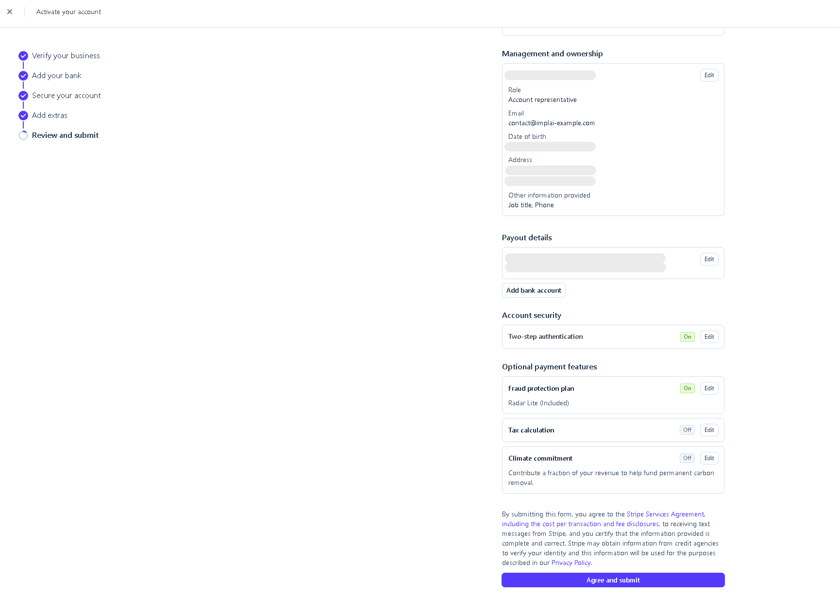 Stripe review and submit page showing all entered details and chosen options