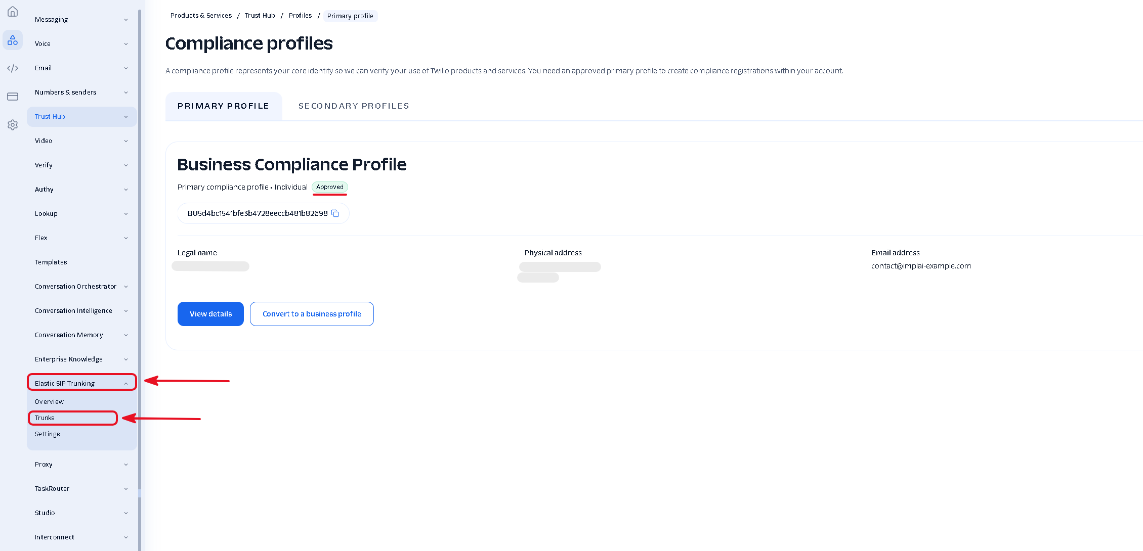 Products and Services panel with Elastic SIP Trunking expanded showing Trunks