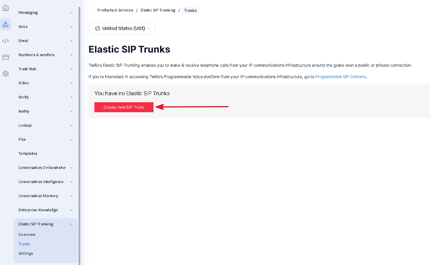 Twilio Elastic SIP Trunking page with the create button