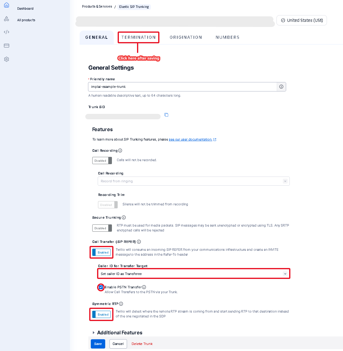 Twilio SIP trunk general settings with the four required options configured and the Termination tab marked as the next step