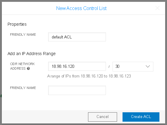 Twilio new access control list dialog with the CIDR address and prefix
