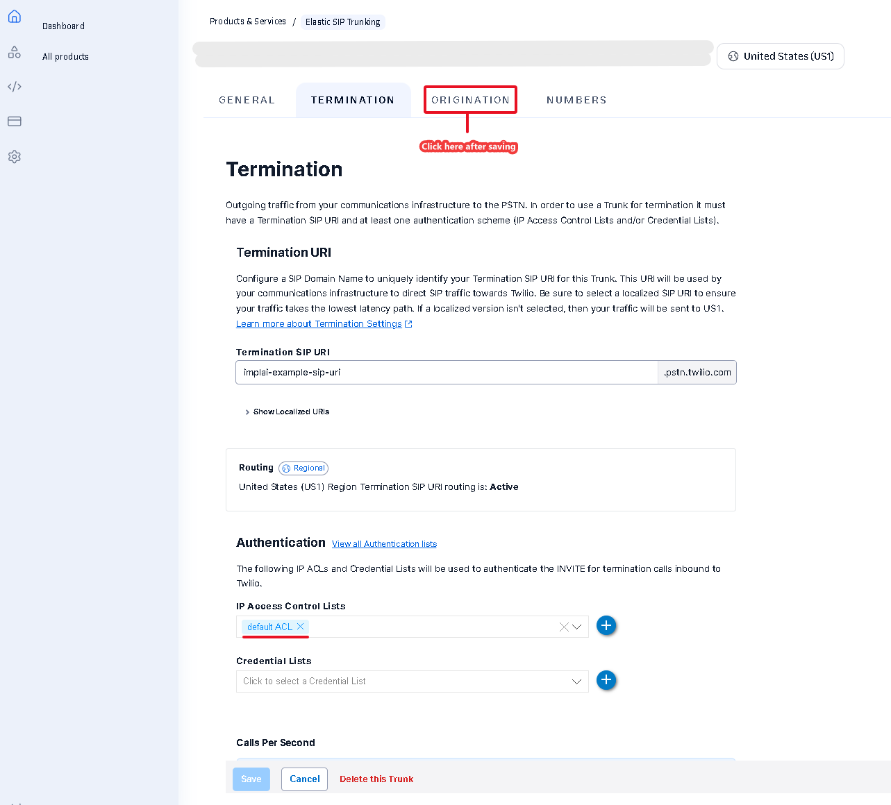 Twilio termination page with the access control list attached
