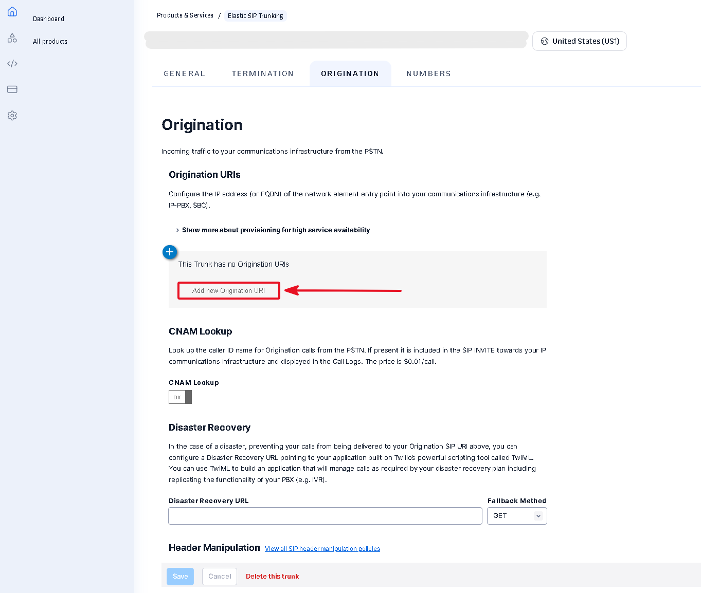 Twilio origination page with the button to add an origination URL