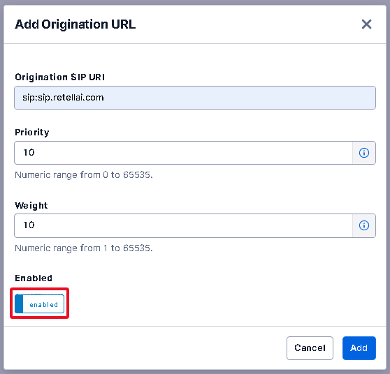 Twilio add origination URL dialog with the Retell address and enabled toggle