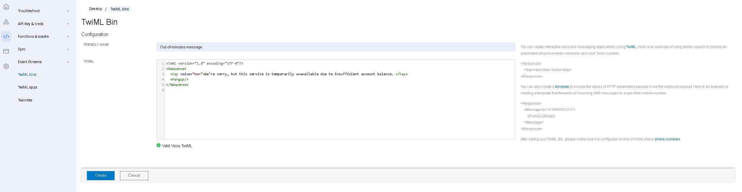 Twilio TwiML Bin editor with the message pasted and validated