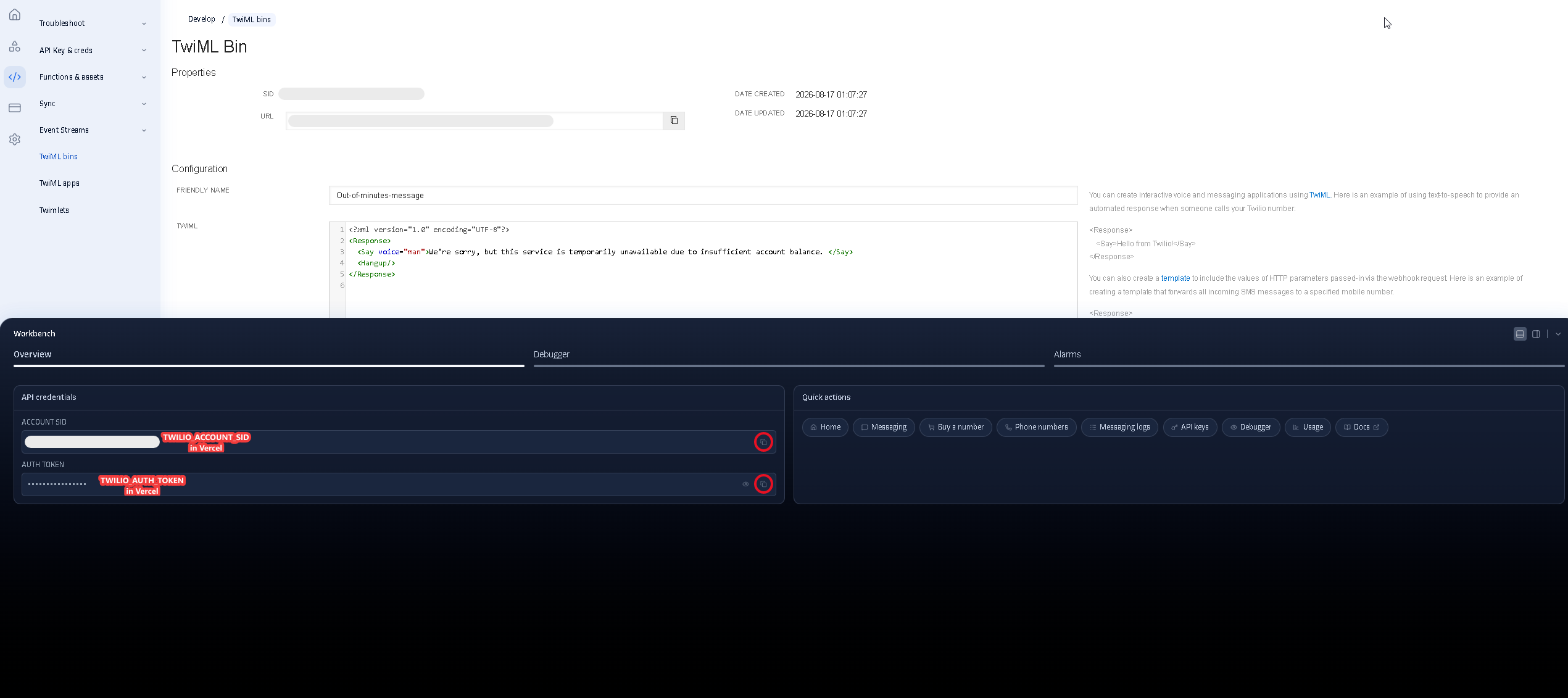 Twilio Workbench panel showing the Account SID and Auth Token with their matching environment variables