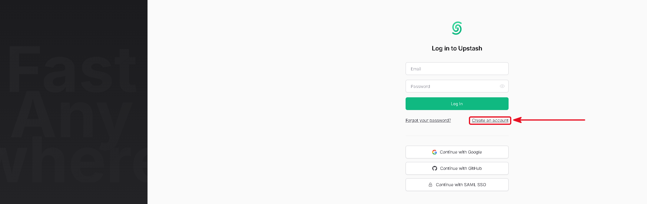 Upstash login page with the Create an account link