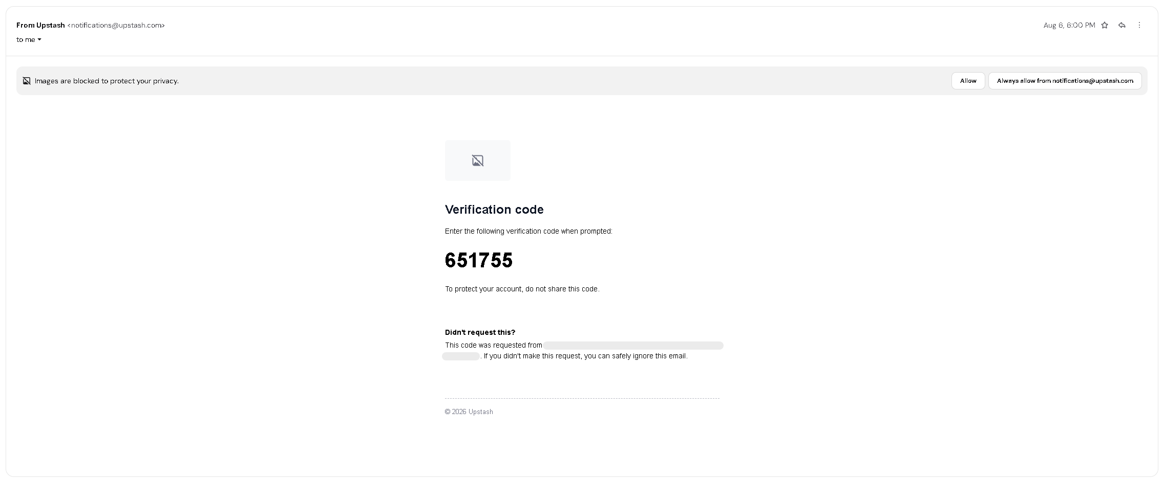 Upstash verification email containing the code