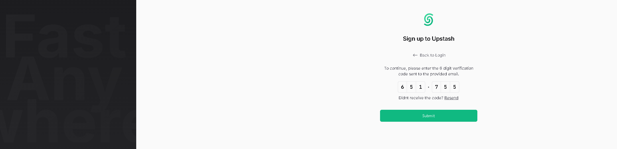 Upstash verification code field